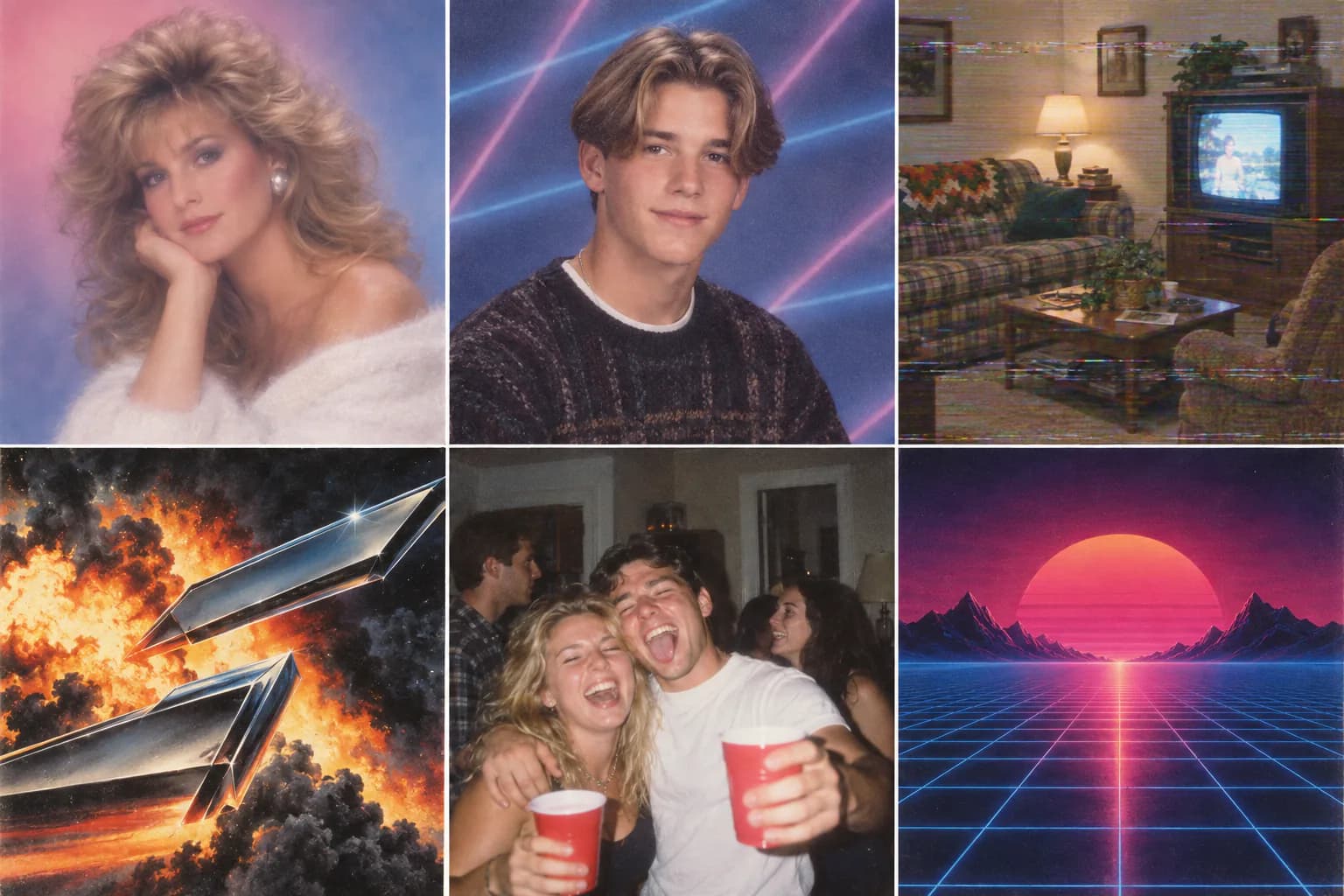 A six-panel grid of AI-generated retro photographs: an 80s mall glamour portrait, a 90s yearbook photo, a VHS camcorder still, airbrushed poster art, a disposable-camera party snapshot and a synthwave album sleeve