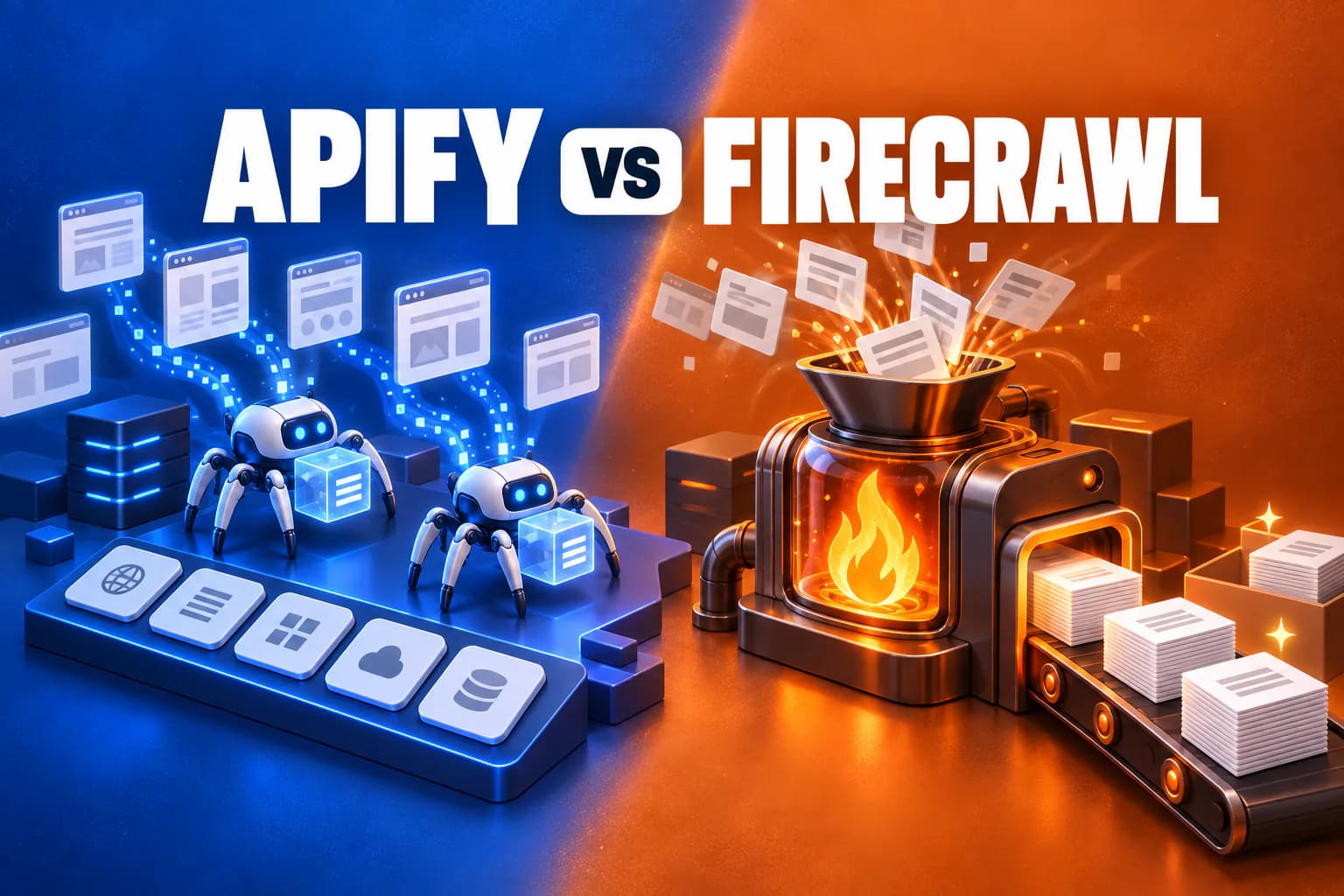 Apify vs Firecrawl: on a blue half, robot spiders carry data off web pages above a board of tool tiles; on an orange half, a flame-powered machine turns web pages into stacks of clean documents