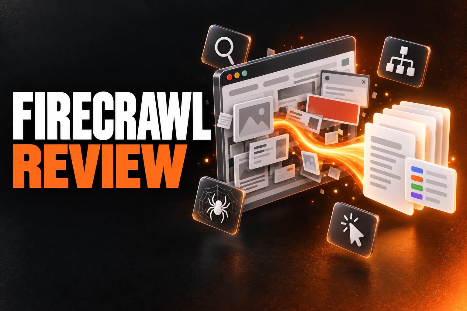 Firecrawl Review: a cluttered browser window with an orange stream flowing out of it into clean documents and a data card, surrounded by search, sitemap, crawl and click icons