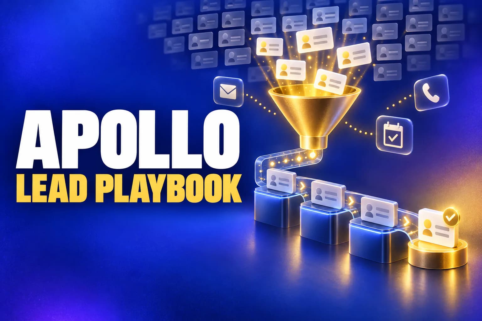 Apollo Lead Playbook: a grid of dim contact cards funnels into a few bright ones, which travel along a track through three pipeline stages to a final card with a gold checkmark, ringed by email, phone and calendar icons
