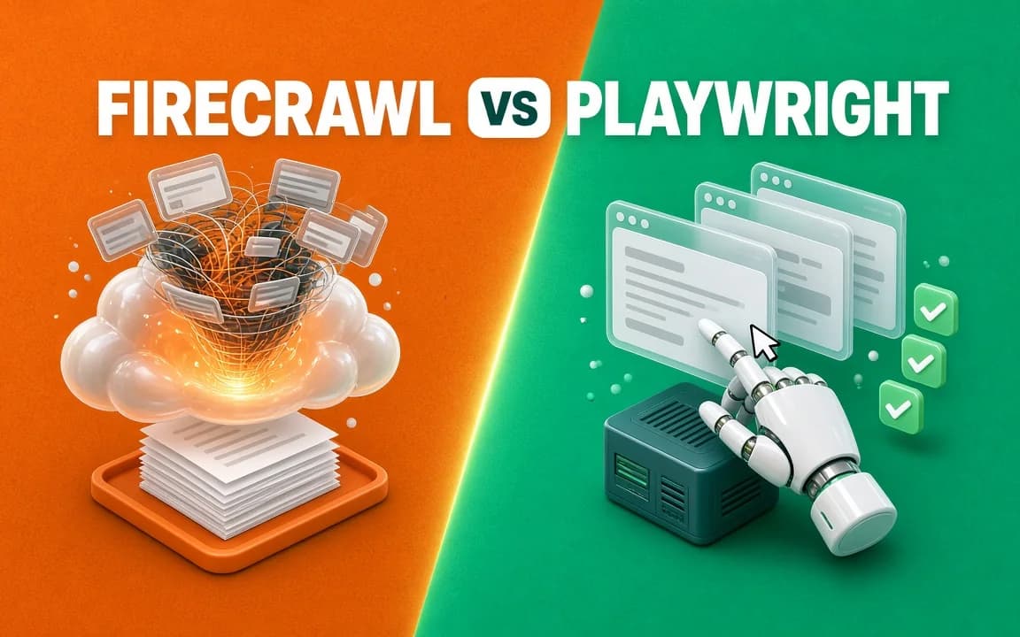 FIRECRAWL VS PLAYWRIGHT: on a burnt-orange half, a glowing cloud platform funnels messy web pages into a stack of clean documents; on a green half, a white robotic hand on a server guides a cursor across a set of browser windows