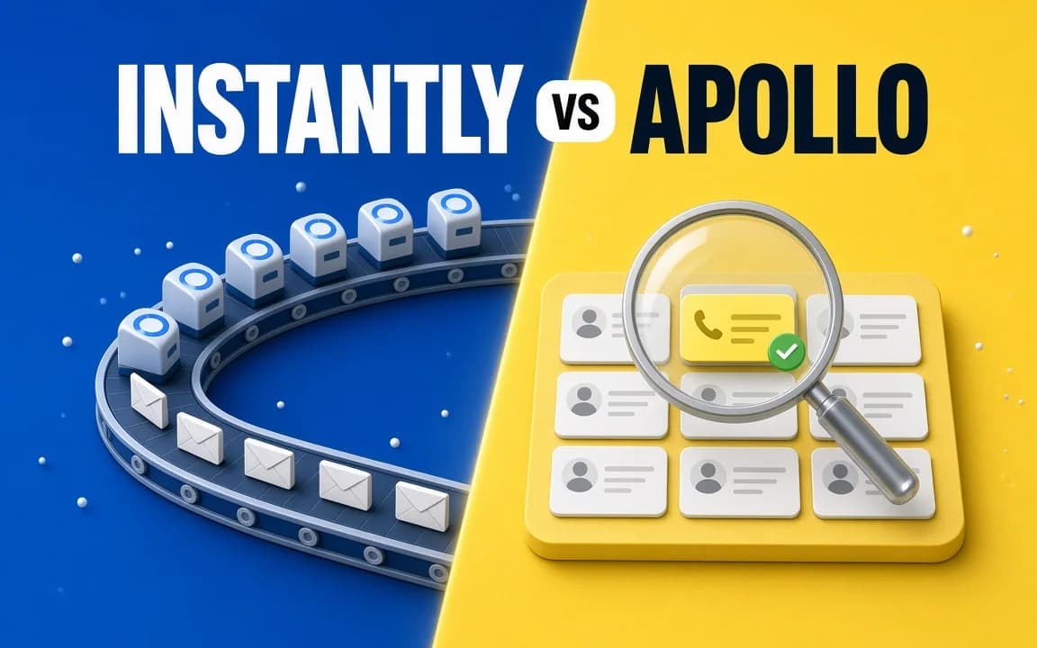 INSTANTLY VS APOLLO: on an electric-blue half, a conveyor carries envelopes past a row of mailbox towers; on a yellow half, a magnifying glass hovers over a grid of contact cards, one marked with a phone and a check mark