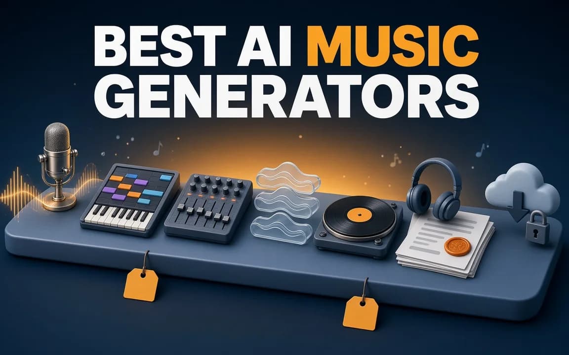BEST AI MUSIC GENERATORS: on a deep blue stage, a lineup of seven music objects, from a studio microphone and a piano-roll keyboard to a mixing desk, stacked waveform layers and a locked download cloud, with blank amber price tags