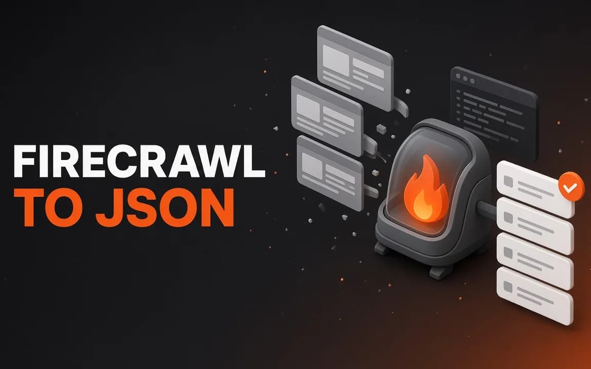 FIRECRAWL TO JSON: on a dark charcoal background with an orange glow, cluttered website cards pass through a glowing flame machine beside a small code window and come out as a stack of four clean data cards, the top one with a check mark.