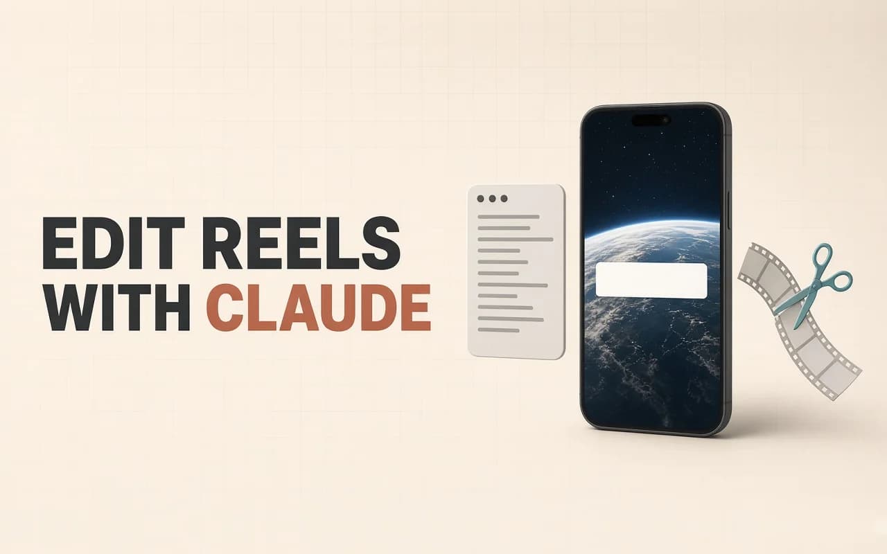 EDIT REELS WITH CLAUDE headline beside a vertical phone playing an Earth-from-orbit clip with a blank caption bar, a terminal window card and a film strip being cut by teal scissors.