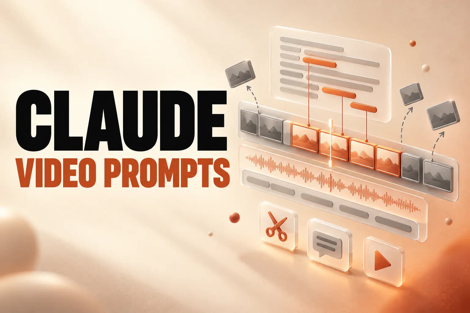 Claude Video Prompts: an isometric editing timeline where highlighted lines on a transcript card map down to clips, dim clips lift out of the track, with a waveform, caption bar and scissors, caption and play icons