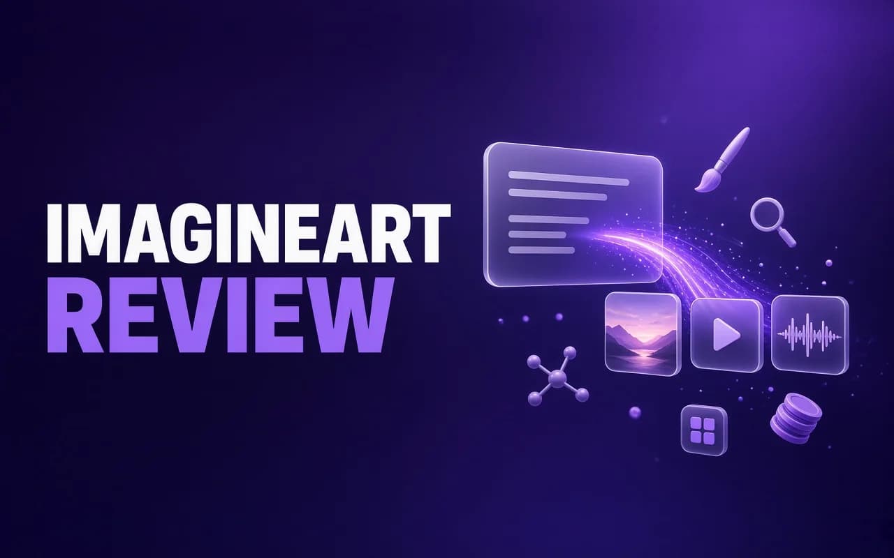 IMAGINEART REVIEW headline beside a glass prompt card streaming violet light into image, video and audio tiles, surrounded by a brush, a magnifier, linked nodes, an app grid and a stack of coins.
