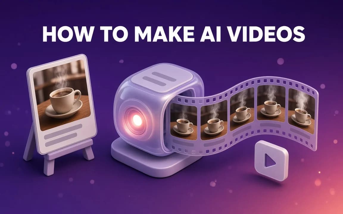 HOW TO MAKE AI VIDEOS: a photo of a coffee cup on an easel feeds a glowing glass machine that sends out a film strip of the same cup with steam rising, on a violet gradient.