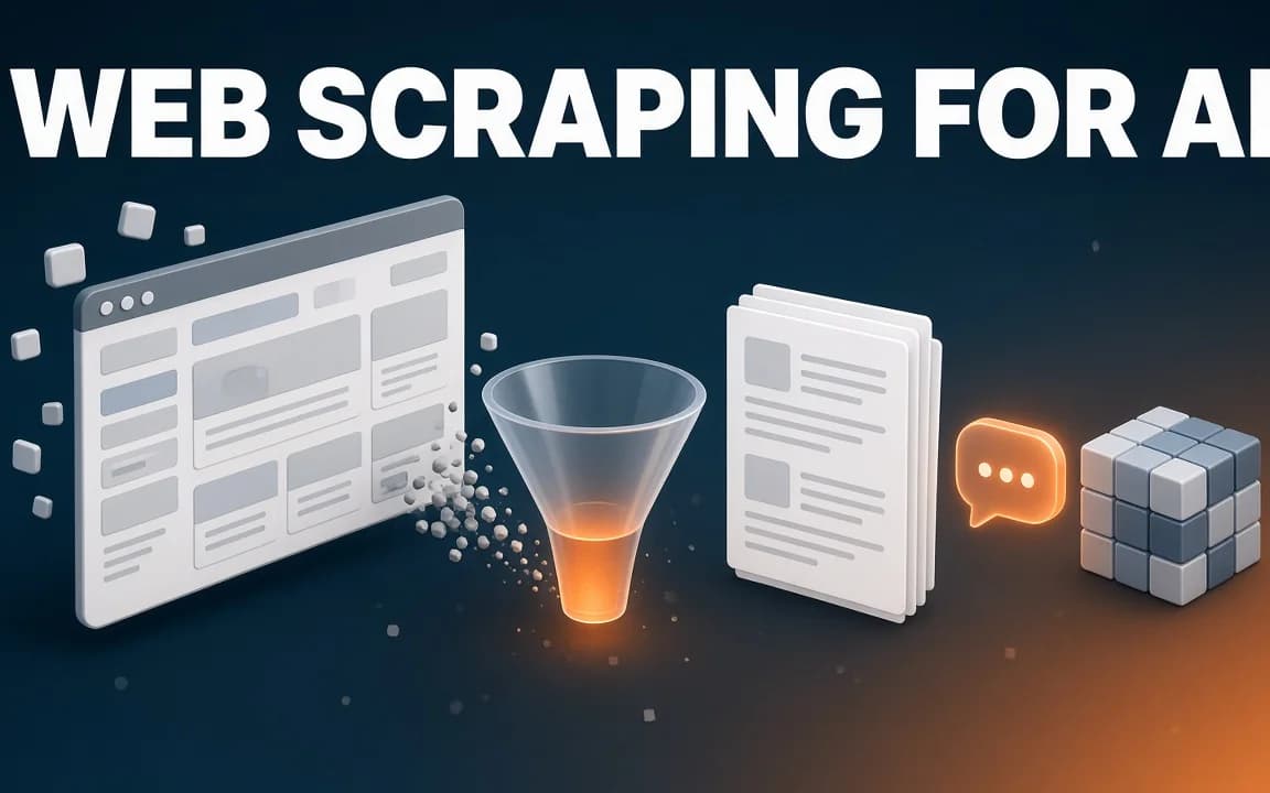 WEB SCRAPING FOR AI: a cluttered browser window pours through a glowing glass funnel and comes out as a stack of clean documents feeding a chat bubble, on a teal gradient.