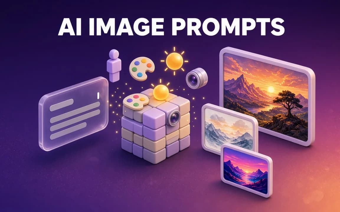 AI IMAGE PROMPTS: a glass prompt card sheds blocks for subject, style, light and lens that snap into a cube, next to a finished mountain landscape shown in painted, watercolor and neon styles.