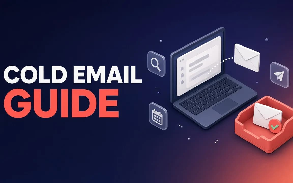 COLD EMAIL GUIDE: on a navy-to-coral background, a laptop sends an envelope along a dotted path to a coral inbox tray holding a reply envelope with a green check, surrounded by search, calendar and paper-plane icon tiles.