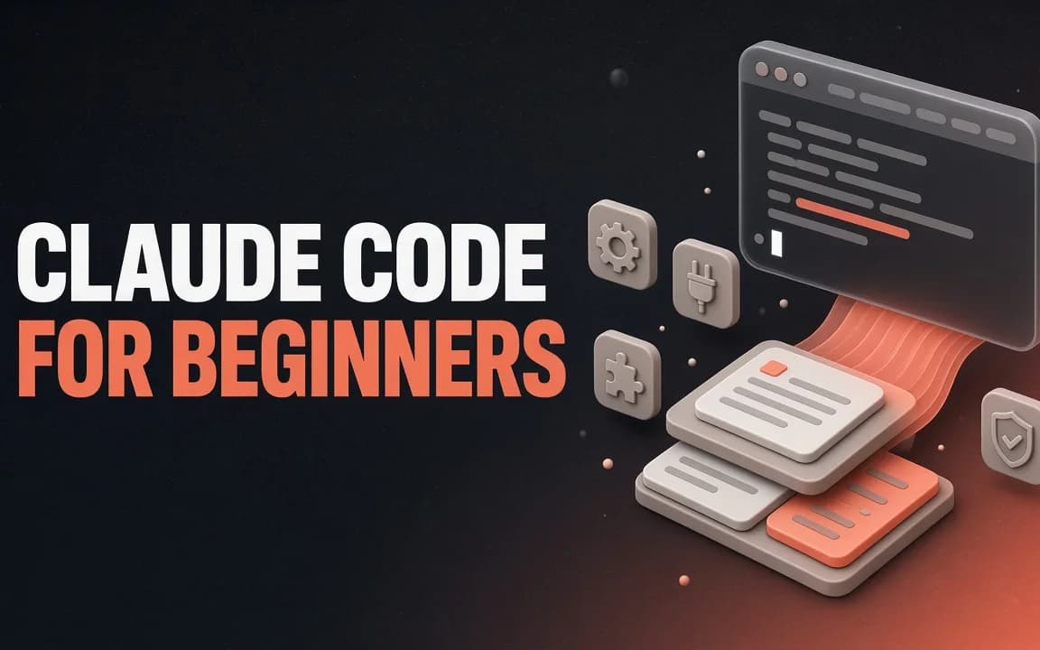CLAUDE CODE FOR BEGINNERS: on a dark charcoal background with a coral glow, a floating terminal window pours a coral ribbon into a stack of clean document cards, ringed by gear, plug, puzzle-piece and shield icon tiles for settings, MCP connections, skills and permissions.