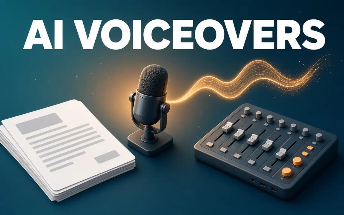 AI VOICEOVERS: on a teal-navy background, a studio microphone stands beside a stack of script pages and a small audio mixer, the tools of a voiceover session from script to finished track.