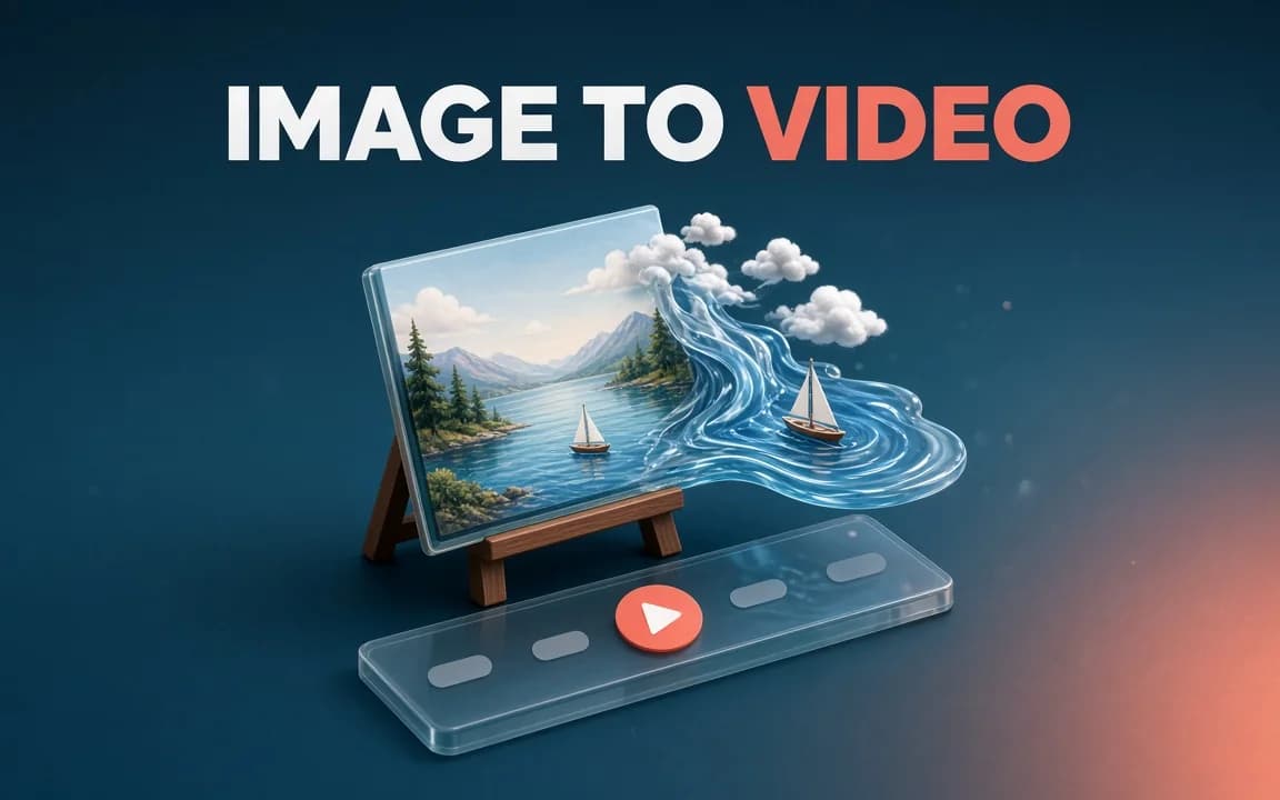 IMAGE TO VIDEO: a lake landscape photo on a wooden easel comes alive, its water, clouds and a small sailboat spilling out of the frame above a glass timeline slider with a coral play button, on a deep teal-blue background.