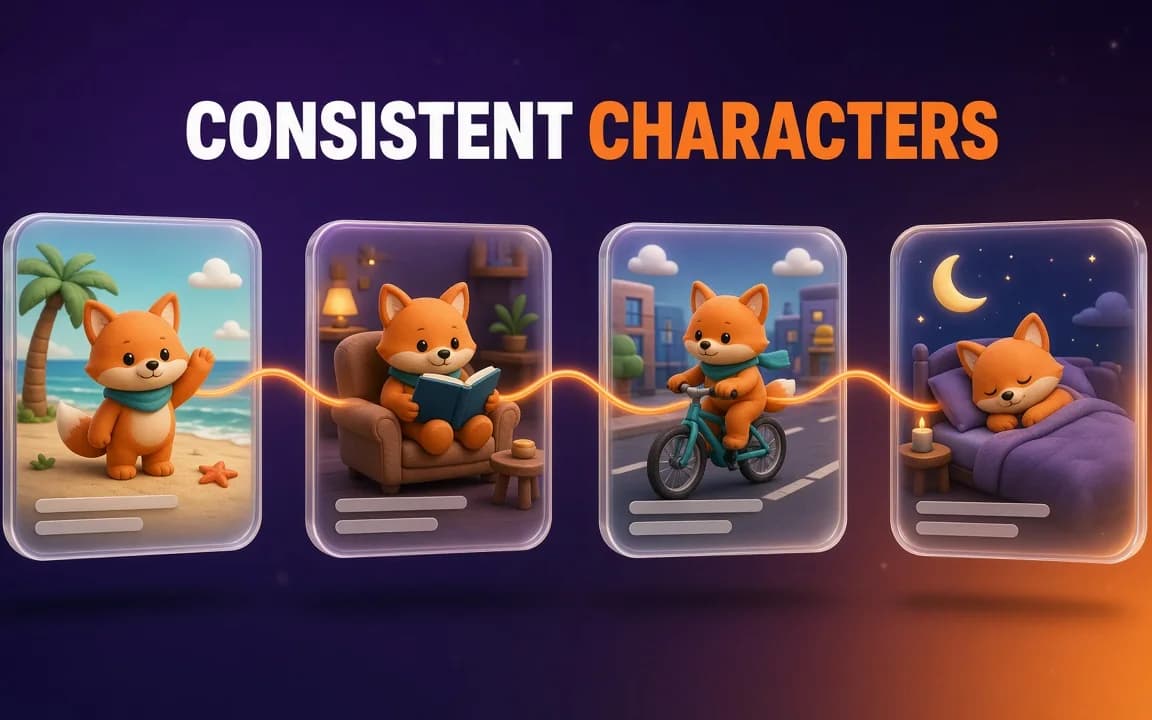 CONSISTENT CHARACTERS: the same clay orange fox with a teal scarf appears on four glass cards, waving on a beach, reading in an armchair, riding a bicycle in a city and sleeping in bed under a crescent moon, joined by a glowing orange thread on a violet-indigo gradient.