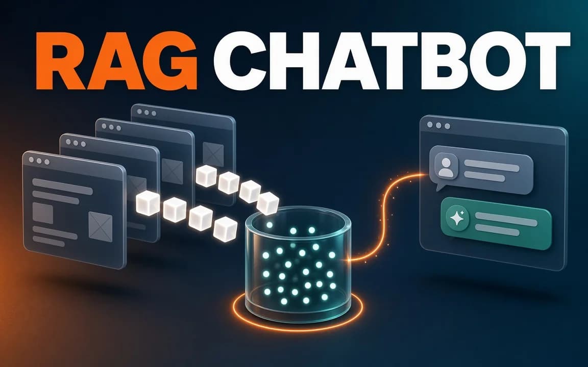 RAG CHATBOT: website browser cards are sliced into glowing chunk tiles that drop into a glass database cylinder, and an orange thread runs to a chat window with a question bubble and a green answer bubble, on a navy-teal background.
