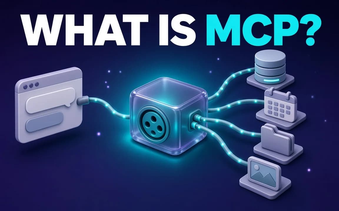 WHAT IS MCP?: a glowing teal glass hub on an indigo background connects a chat window on the left to a database, a calendar, a folder and a picture frame on the right through soft cables carrying glowing dots.