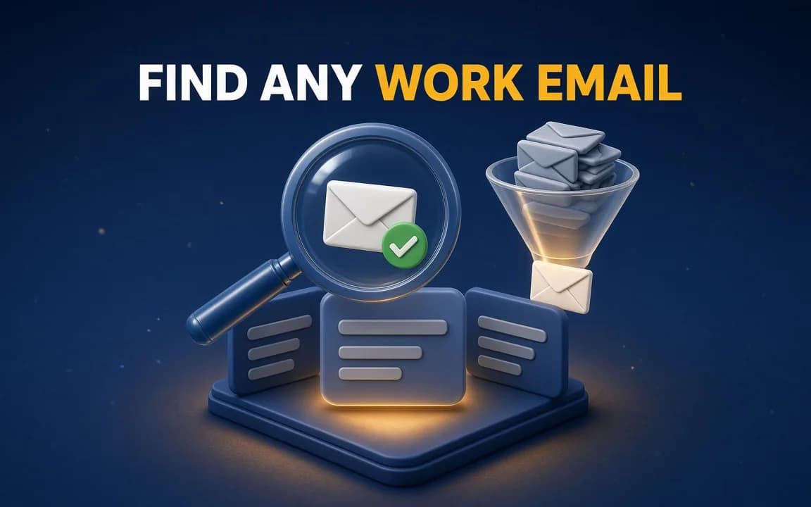 FIND ANY WORK EMAIL: on a navy background, a magnifying glass reveals a white envelope with a green check above a row of business-card tiles, while a glass funnel turns a stack of grey envelopes into one clean envelope.