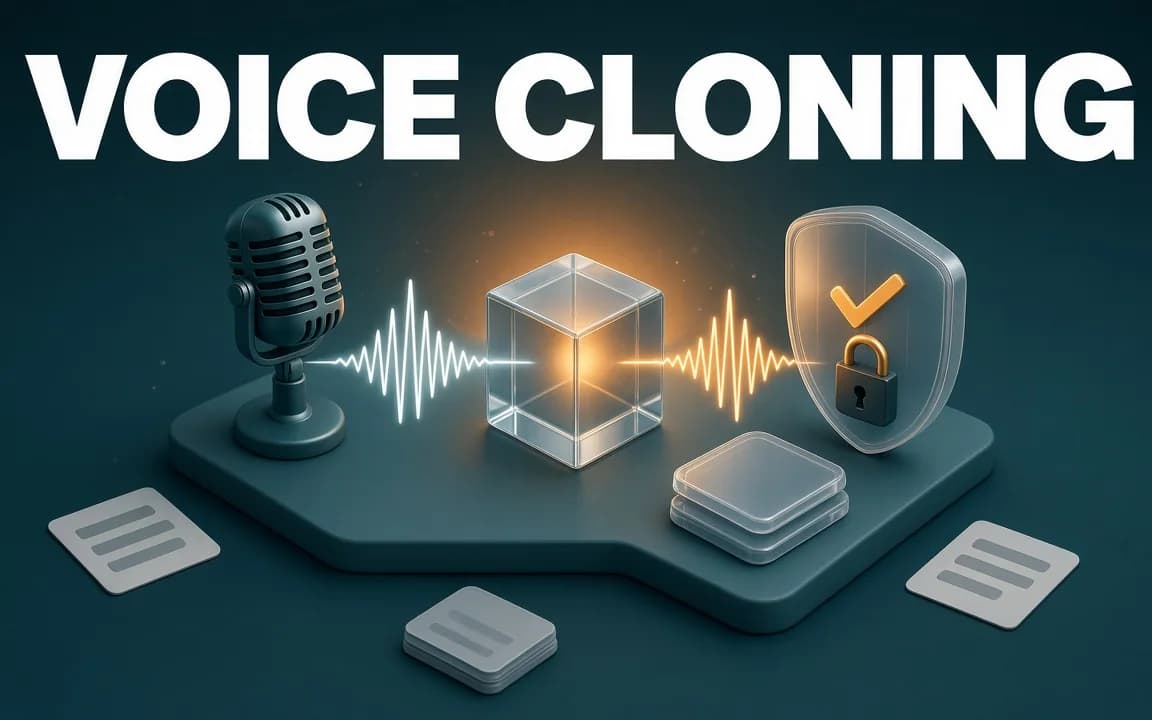 VOICE CLONING: on a deep teal stage, a retro studio microphone sends a white waveform through a glass prism that comes out as a matching amber waveform, next to a glass shield with a checkmark and padlock for consent.