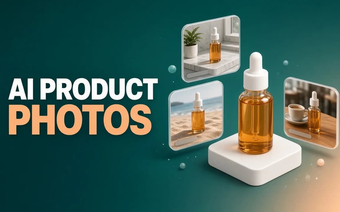AI PRODUCT PHOTOS: one amber glass dropper bottle on a white studio pedestal, with three floating glass cards showing the same bottle on a marble bathroom shelf beside a plant, on sunlit beach sand and on a wooden cafe table beside a coffee cup, on a teal gradient.
