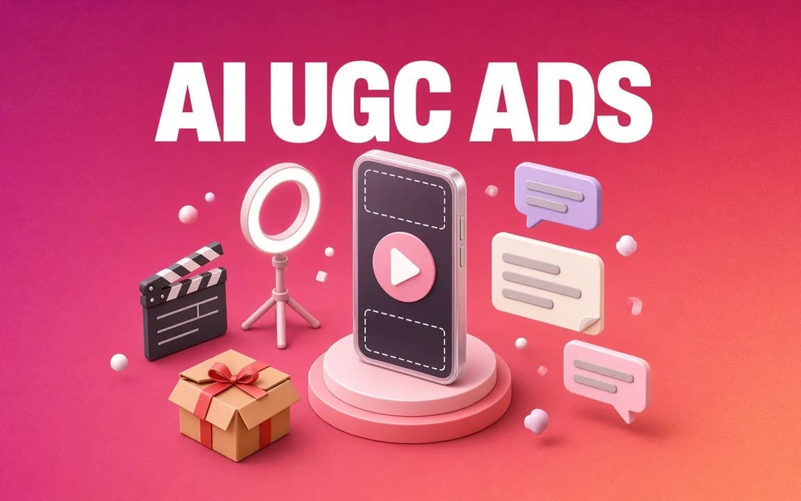 AI UGC ADS: a glossy vertical smartphone on a round stage showing a play button with dashed safe-zone outlines, surrounded by a ring light, a clapperboard, a gift-wrapped product box and speech bubbles, on a coral-to-magenta gradient.