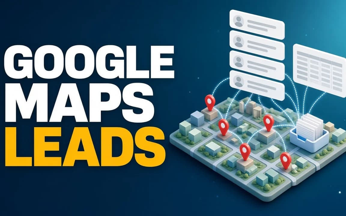 GOOGLE MAPS LEADS: on a deep blue background, an isometric city map with red location pins sends dotted lines up to a stack of contact cards and a spreadsheet panel, and down into an inbox tray filling with documents.