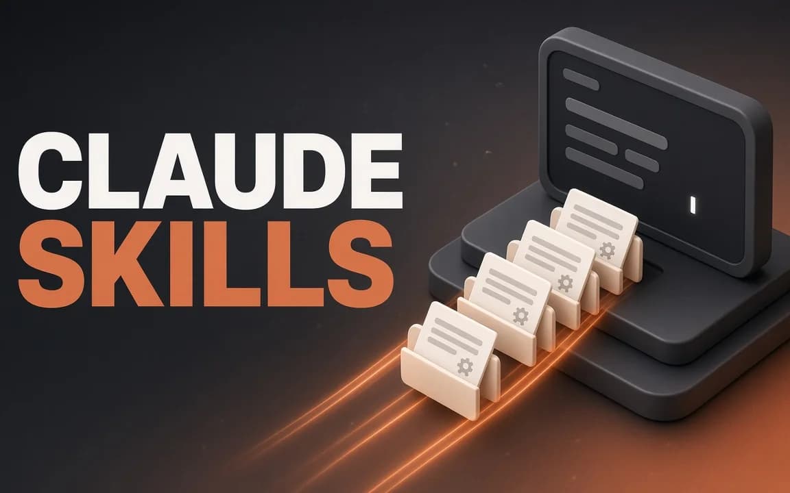 CLAUDE SKILLS: on a dark charcoal background with a terracotta glow, cream folder cards holding instruction documents slide along orange light trails into a rack beside a dark terminal window.