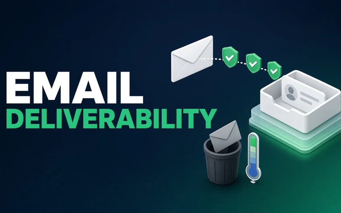 EMAIL DELIVERABILITY: on a dark navy background with an emerald glow, a white envelope passes three green checkmark shields into an inbox tray while a grey envelope drops into a bin beside a warm-up thermometer.