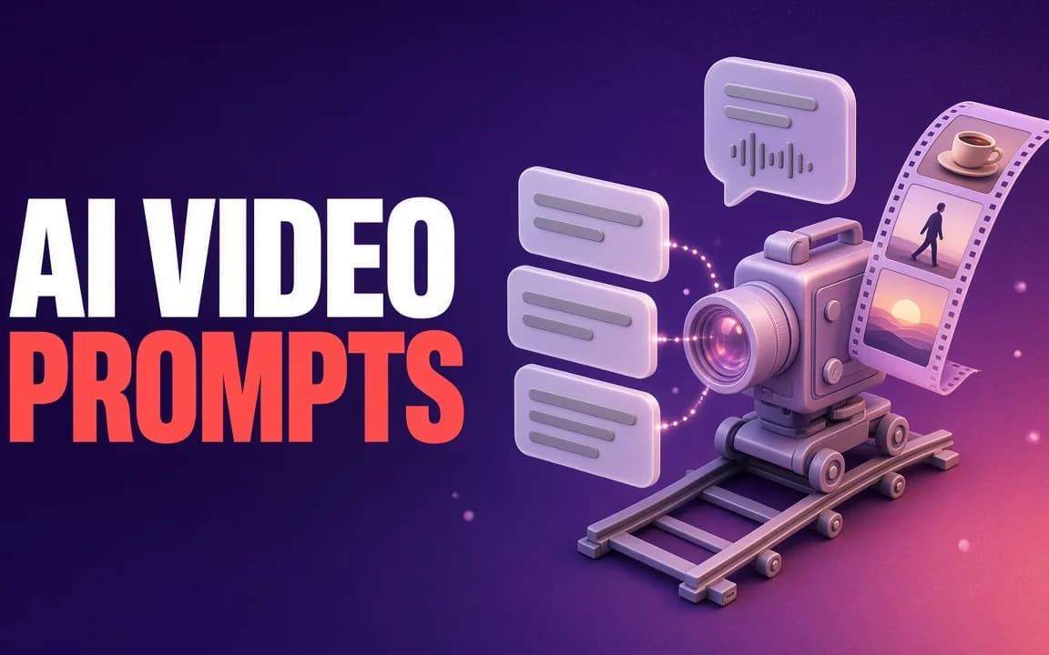 AI VIDEO PROMPTS: on a deep violet background, three script cards feed a 3D film camera on a dolly track, which sends out a curling film strip of a coffee cup, a walking figure and a sunrise, with a speech bubble and sound wave above.