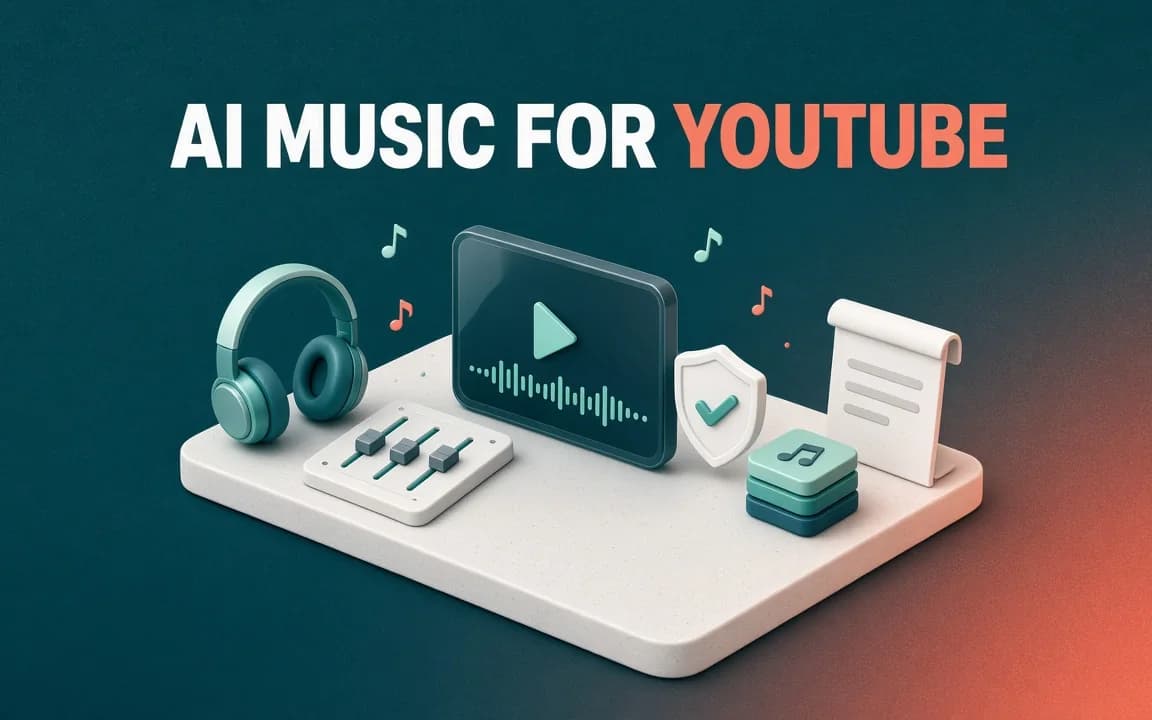 AI MUSIC FOR YOUTUBE: on a deep teal background, a 3D desk platform holds studio headphones, a three-fader mixing panel, a video player card with a sound waveform, a check-mark shield, a stack of music-note tiles and a paper licence.