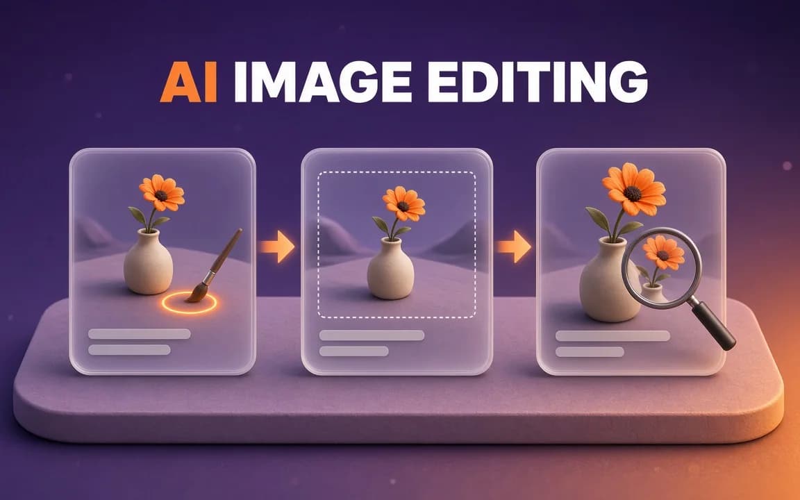 AI IMAGE EDITING: on a deep violet background, three glass picture cards of a ceramic vase with an orange flower stand on a clay platform, one with a paintbrush and a glowing ring on the table, one with dotted edges extending the scene, one enlarged behind a magnifying glass, linked by orange arrows.