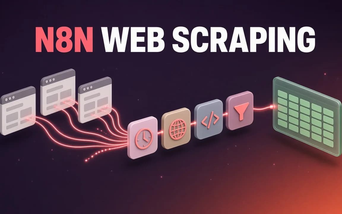 N8N WEB SCRAPING: on a dark plum background, three browser windows feed glowing wires through a row of workflow node tiles (clock, globe, code, funnel) into a green spreadsheet grid